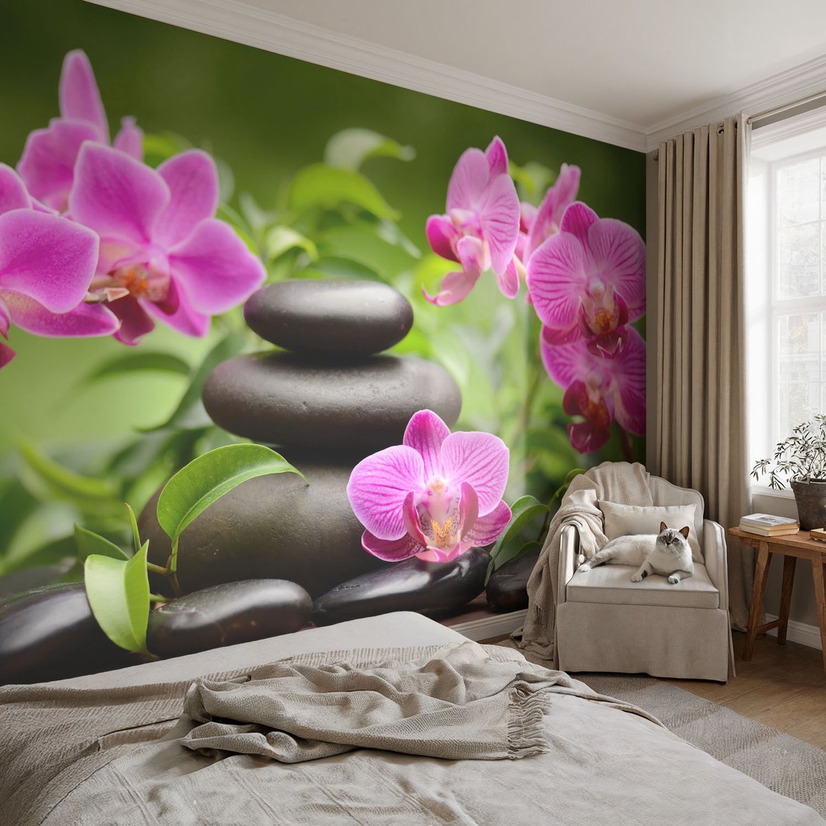 Coloray Vliesbehang - Groente Snellijm Behang - 152x104 cm - Orchideeënstenen Muurschildering - Slaapkamer behang Bloemen En Planten - Fotobehang Vlies - Gang behang