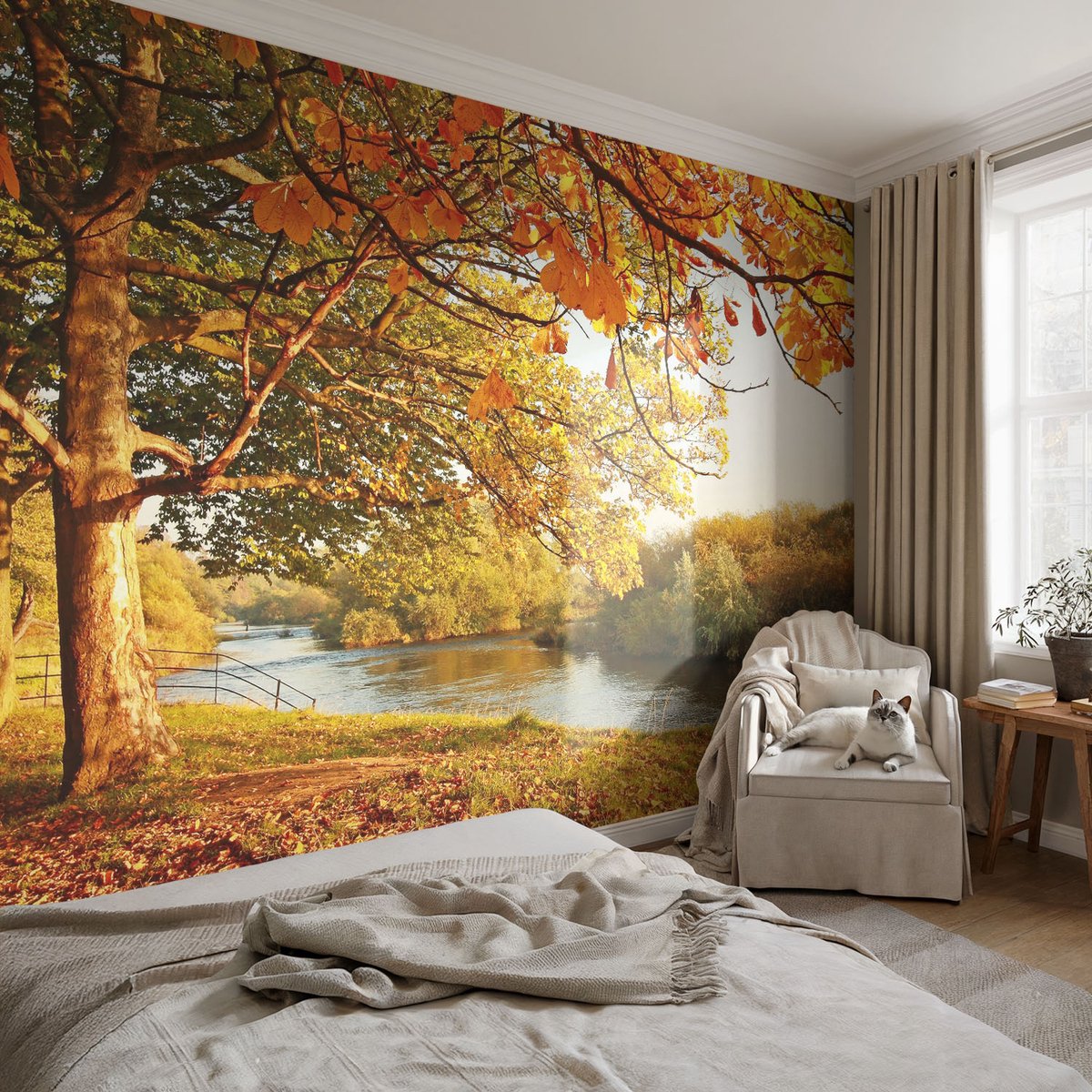 Coloray Vliesbehang - Geel Snellijm Behang - 104x70 cm - Herfst Aan De Kust Muurschildering - Slaapkamer behang Landschappen - Fotobehang Vlies - Gang behang