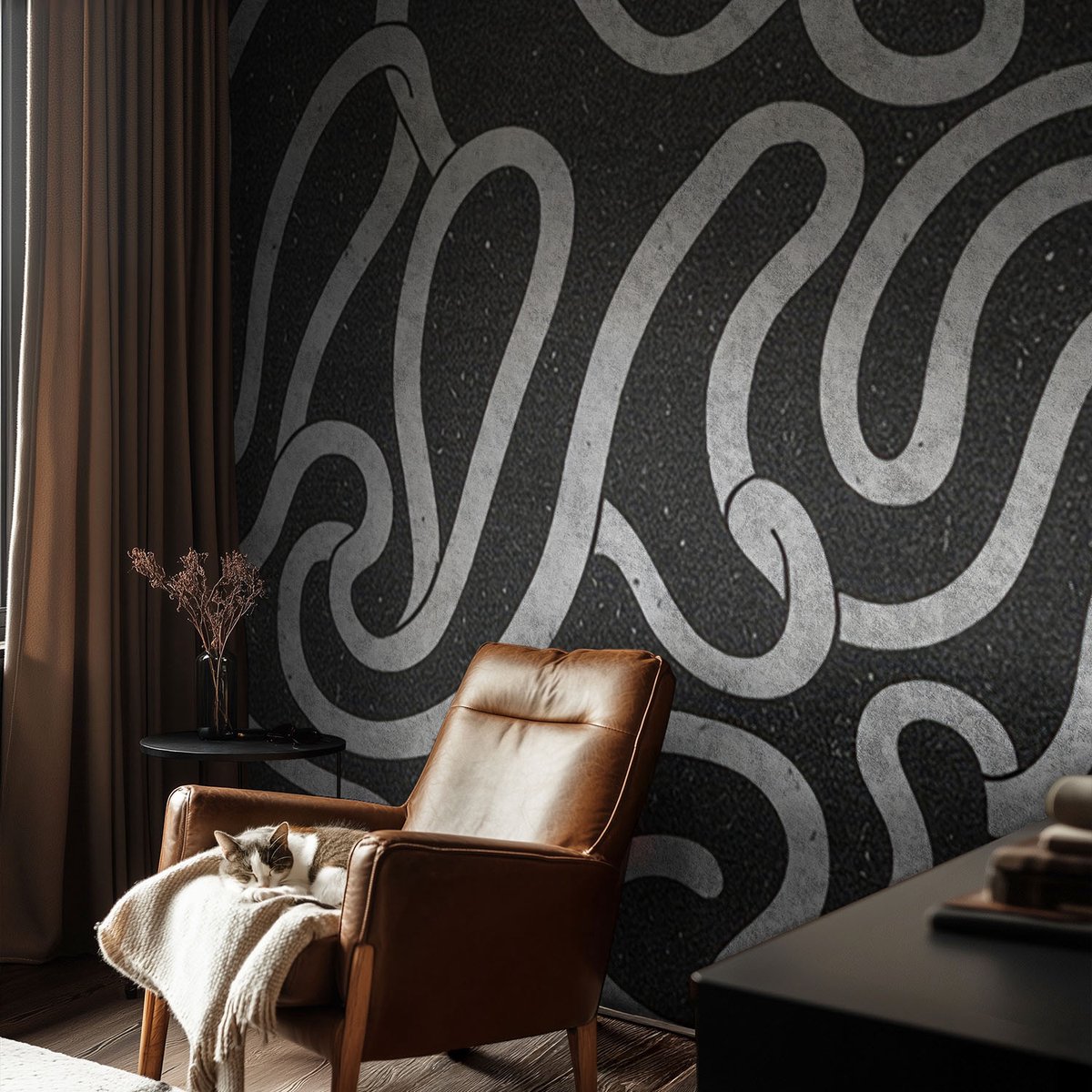 Coloray Vliesbehang - Zwart Snellijm Behang - 104x70 cm - Gedraaide Vormen Muurschildering - Slaapkamer behang Texturen - Fotobehang Vlies - Slaapkamer behang