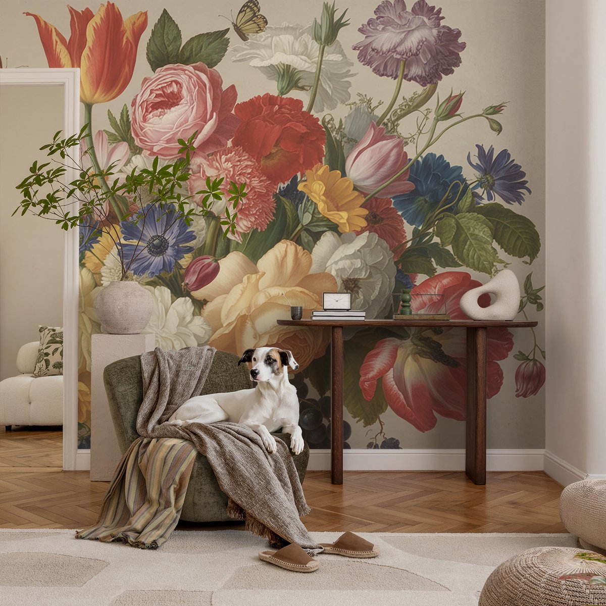 Coloray Vliesbehang - Rood Snellijm Behang - 104x70 cm - Bloemen En Vlinders Muurschildering - Gang behang Bloemen En Planten - Fotobehang Vlies - Slaapkamer behang