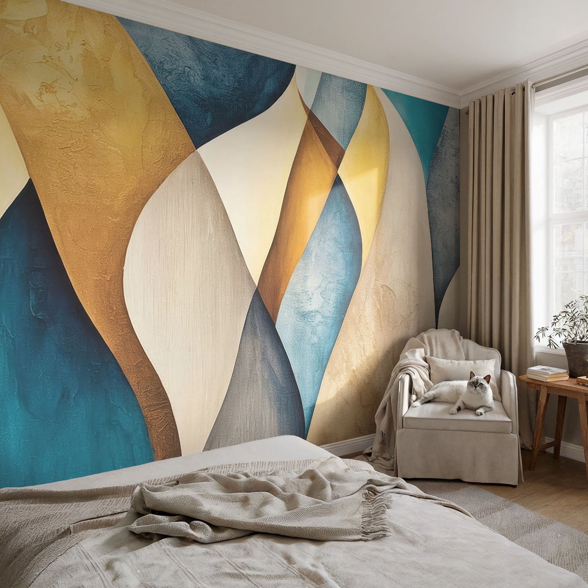 Coloray Vliesbehang - Blauw Snellijm Behang - 104x70 cm - Golvende Abstractie Muurschildering - Gang behang Abstractie - Fotobehang Vlies - Gang behang