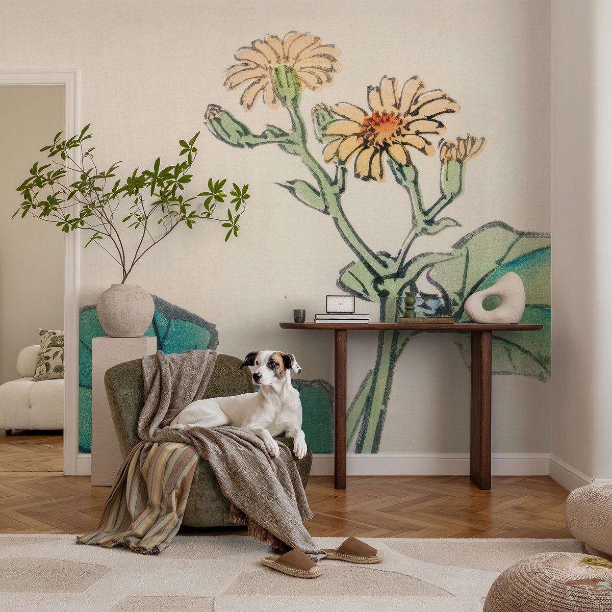 Coloray Vliesbehang - Wit Snellijm Behang - 104x70 cm - Bloem En Bladeren Fotobehang Vlies - Woonkamer behang Bloemen En Planten - Muurschildering - Woonkamer behang