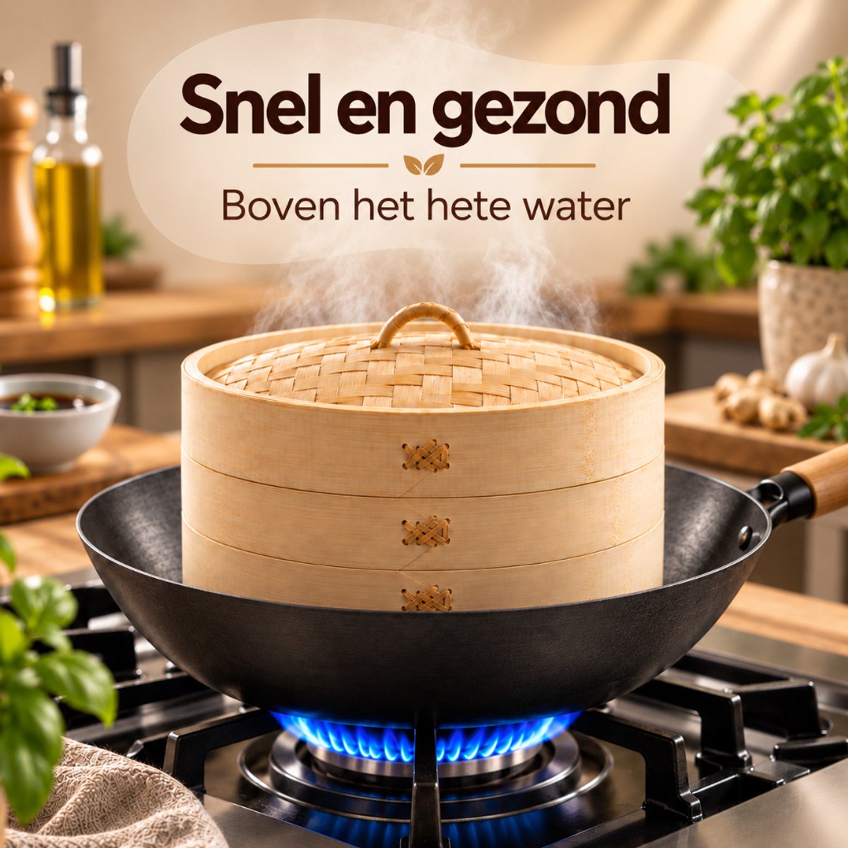 Tomec® Stoommand Bamboe 3-delig – Stoommandje en Stomer voor Dumplings, Dim Sum, Rijst en Groente — cadeau in Kookcadeaus - foto 2