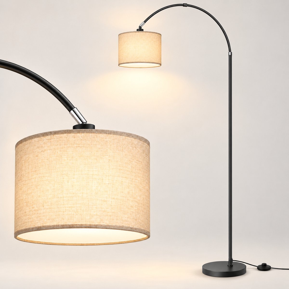 LOVHAUS Boog Vloerlamp 170 cm - Beige Linnen Kap - Incl. 12W LED - Voetschakelaar