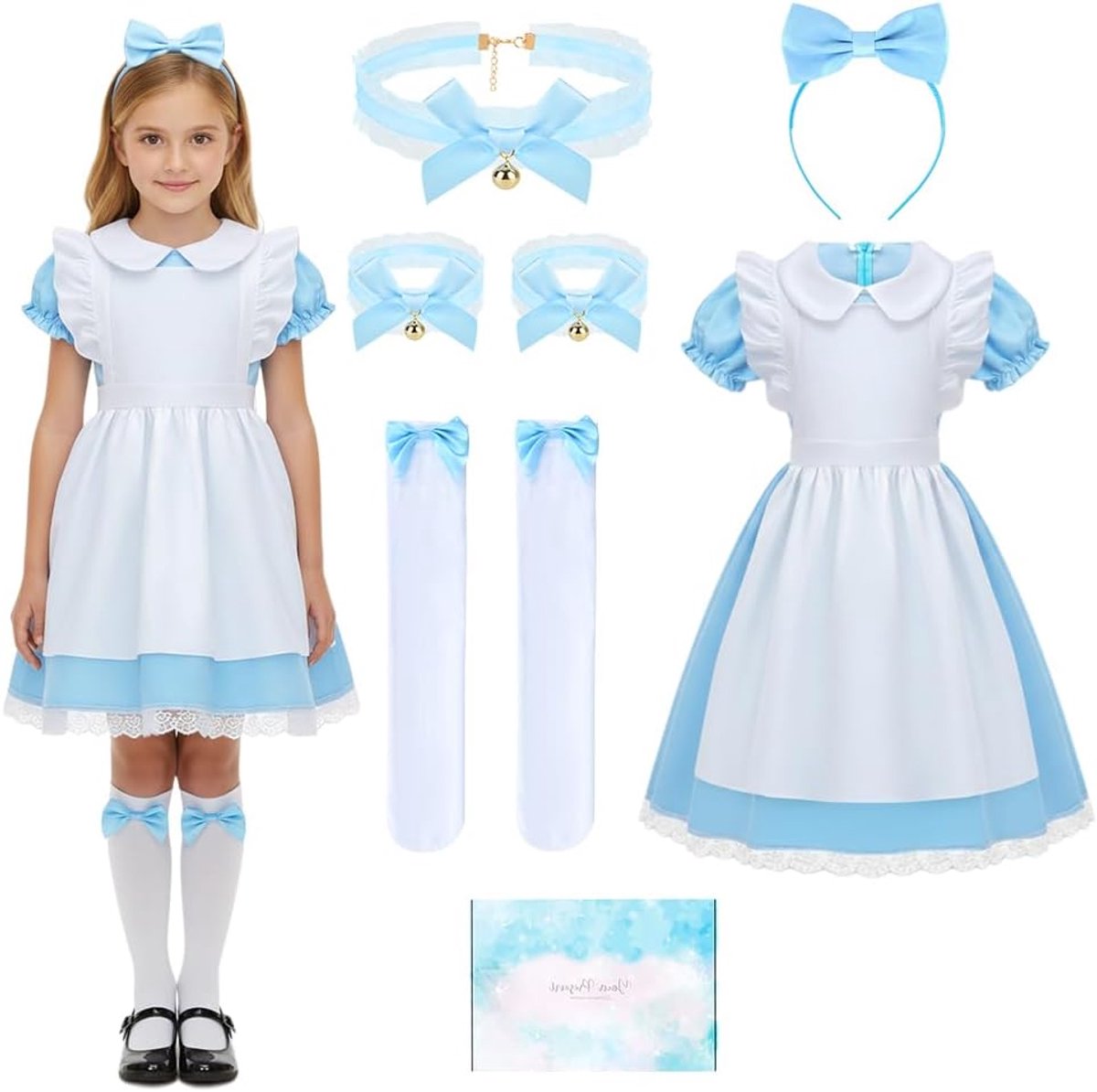 Halloween-kostuum voor meisjes, carnavalsjurk voor meisjes met wit schort en haarband, blauwe prinsessenjurk voor Halloween, carnaval, Kerstmis, leeftijd 6-11 jaar