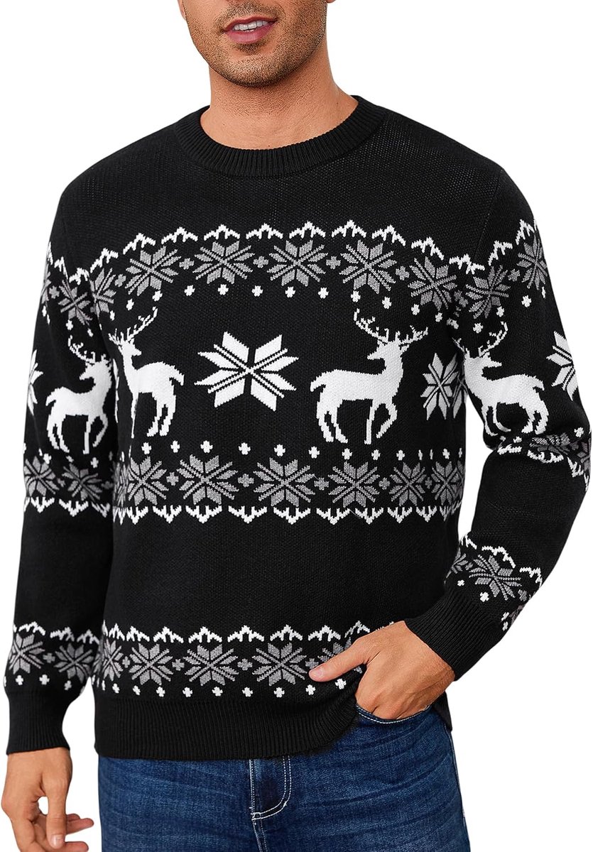 Kersttrui voor heren, wintertrui voor Kerstmis, gebreide trui, ronde hals, rendier, sneeuwvlok, gebreide kleding, S-XXL