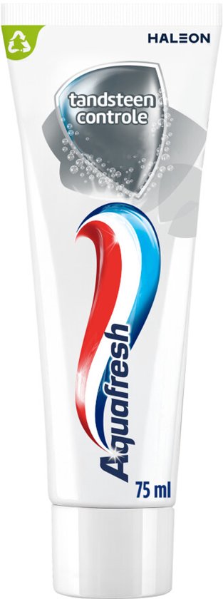 Witte tandpastatube met rode, witte en blauwe golven en de tekst "Aquafresh 75 ml".