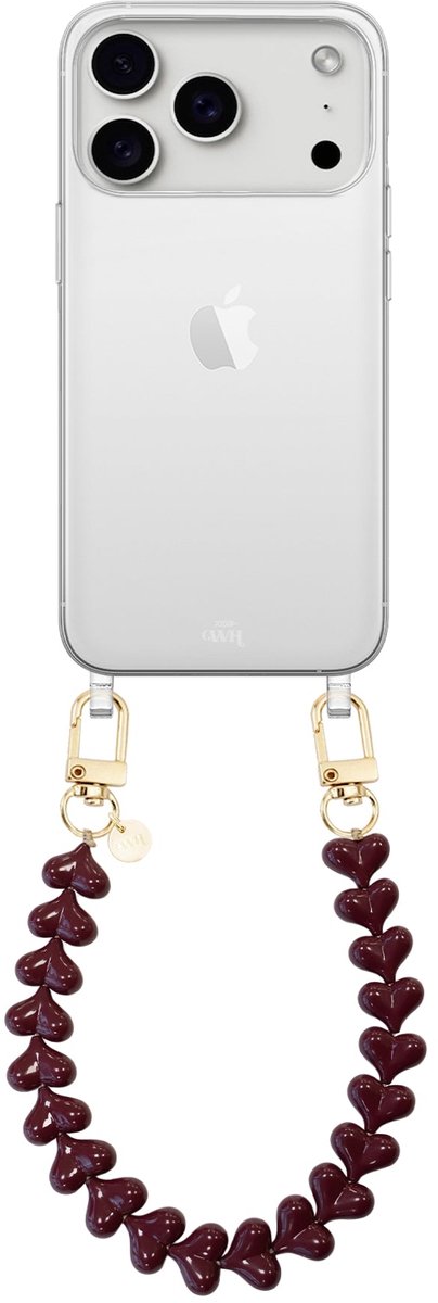 xoxo Wildhearts siliconen hoesje geschikt voor iPhone 18 Pro Max hoesje - Funky Hearts (Burgundy) - Telefoonhoesje - Hoesje met koord - Donkerbruin / Bruin koord - kort telefoonkoord - Hartjes ketting - Transparant hoesje