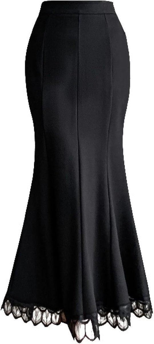 Zeemeerminrok Met Hoge Taille - Zomer Zwart Elastisch Halverwege De Lengte Sexy Kanten Rand Hippe Rok Veelzijdige Slanke Rok, Mode Huidvriendelijke Zachte A-Lijn Rok,Black,L