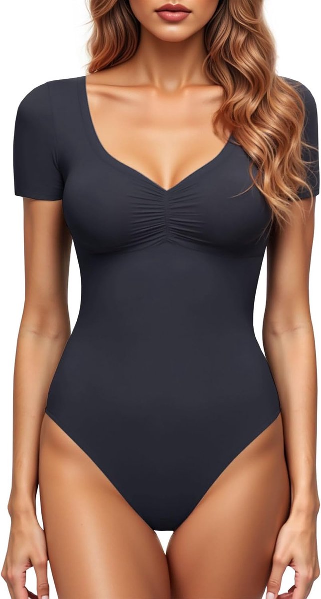 Bodysuit voor dames met V-hals, sexy bovenstuk, modieus, lange mouwen, GoingOut Tops, stretchy bodypak