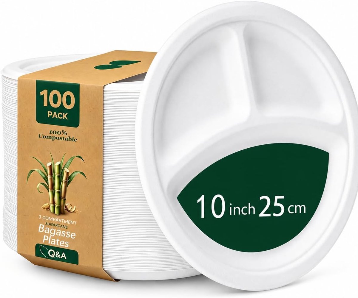 100 Witte Composteerbare Bagasse Borden met 3 Vakken, 25,5 cm