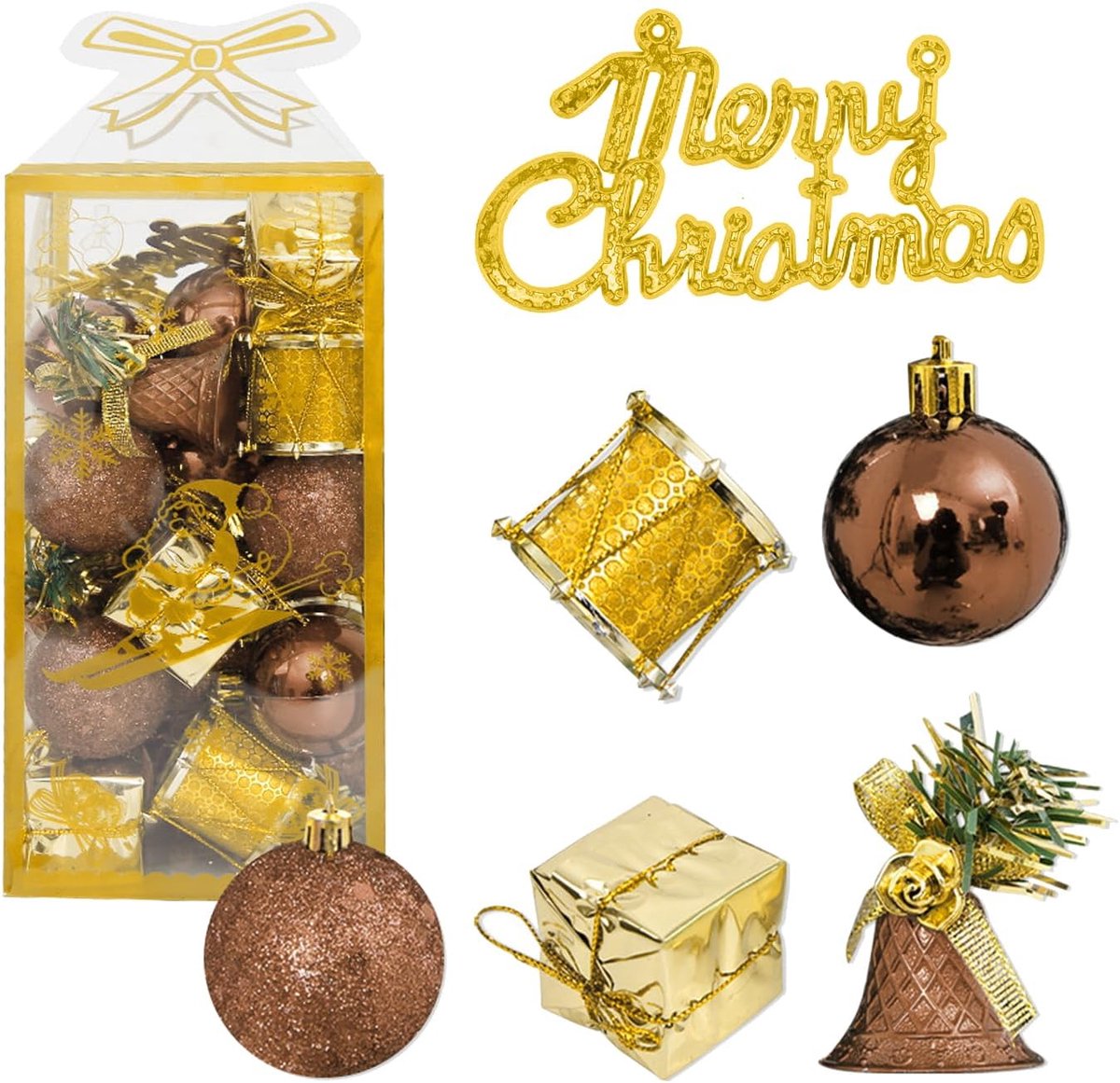 Kerstballenset – 32-delige 4 cm Kunststof Ornamenten, Ballen, Geschenkdoosjes, Trommels & Belletjes voor Kerstboom, Krans, Slingers – Herbruikbare Kerstdecoratie (Or)