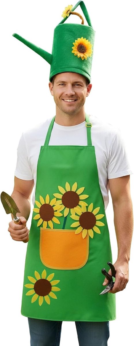 Tuinierskostuum tuinschort en handtas gieter tuinierhoed - met zonnebloemen applicaties voor dames en heren, carnavalskostuums accessoire