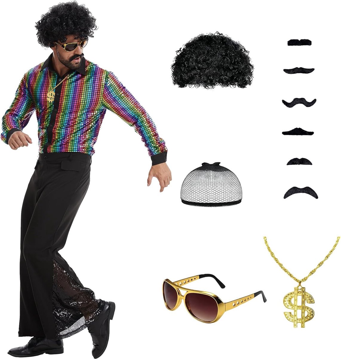 Jaren 70-outfit voor heren, discokostuum met glitterhemd en broek voor carnaval, Halloween en themafeesten