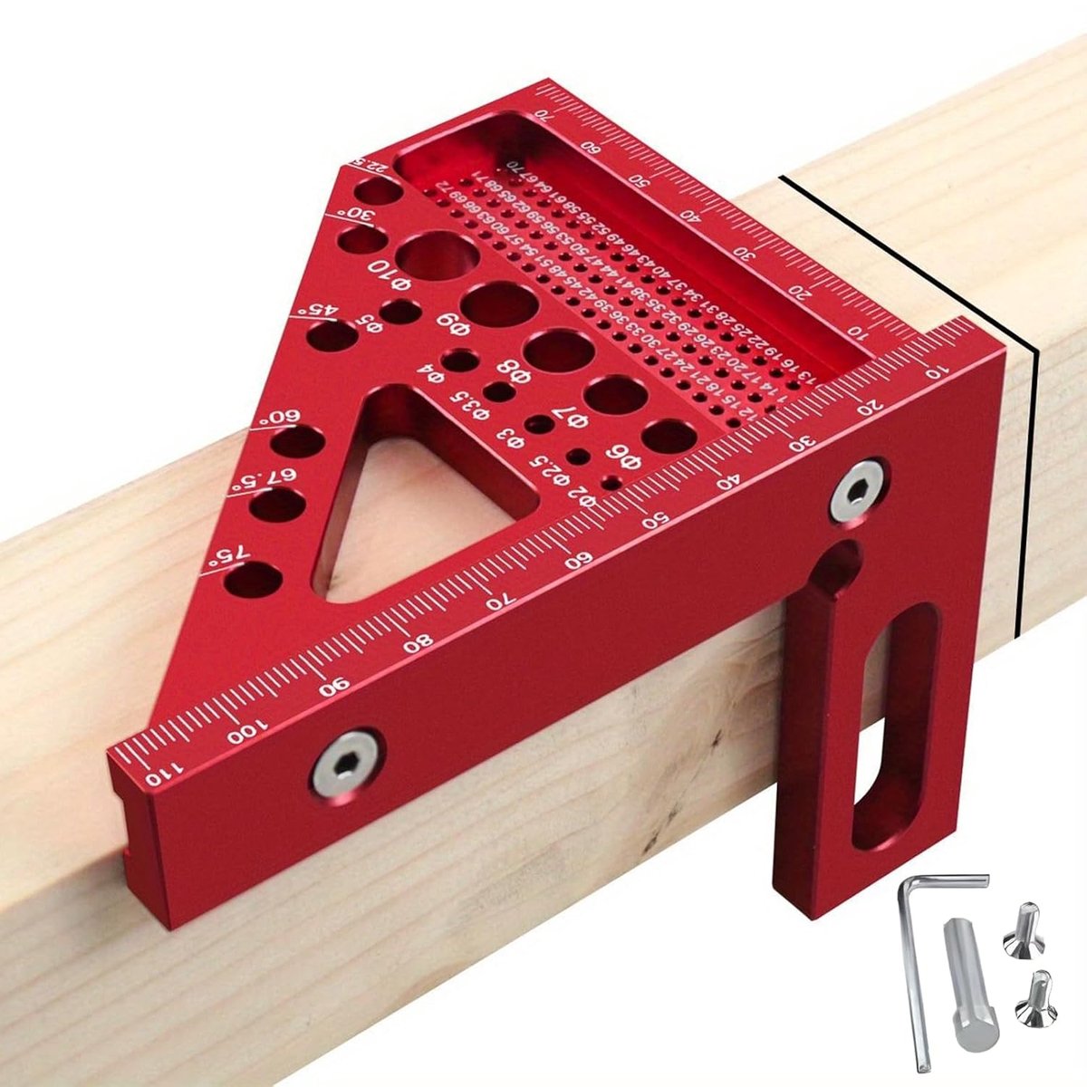 3D-timmerhoek van aluminium, 22,5-90°, multifunctioneel, 5-in-1, 85 x 112 mm, rood (normale stijl)