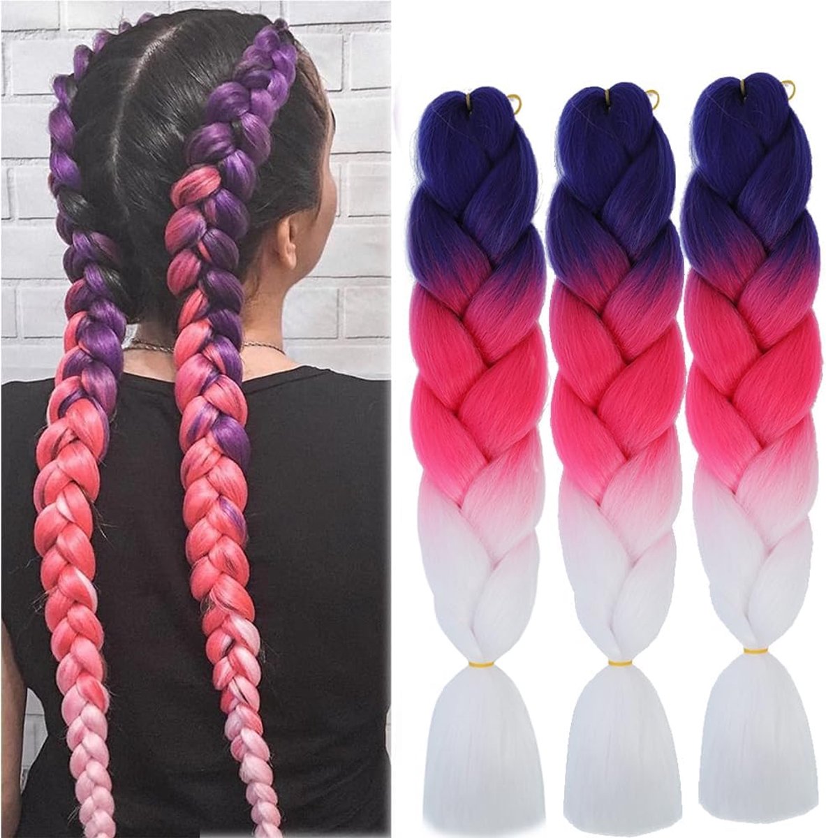Haar om te vlechten, vlechten haarverlengingen ombre 3-packs Ombre vlechten kunsthaar om te vlechten voor crochet, twist, vlechten haar lila roze wit