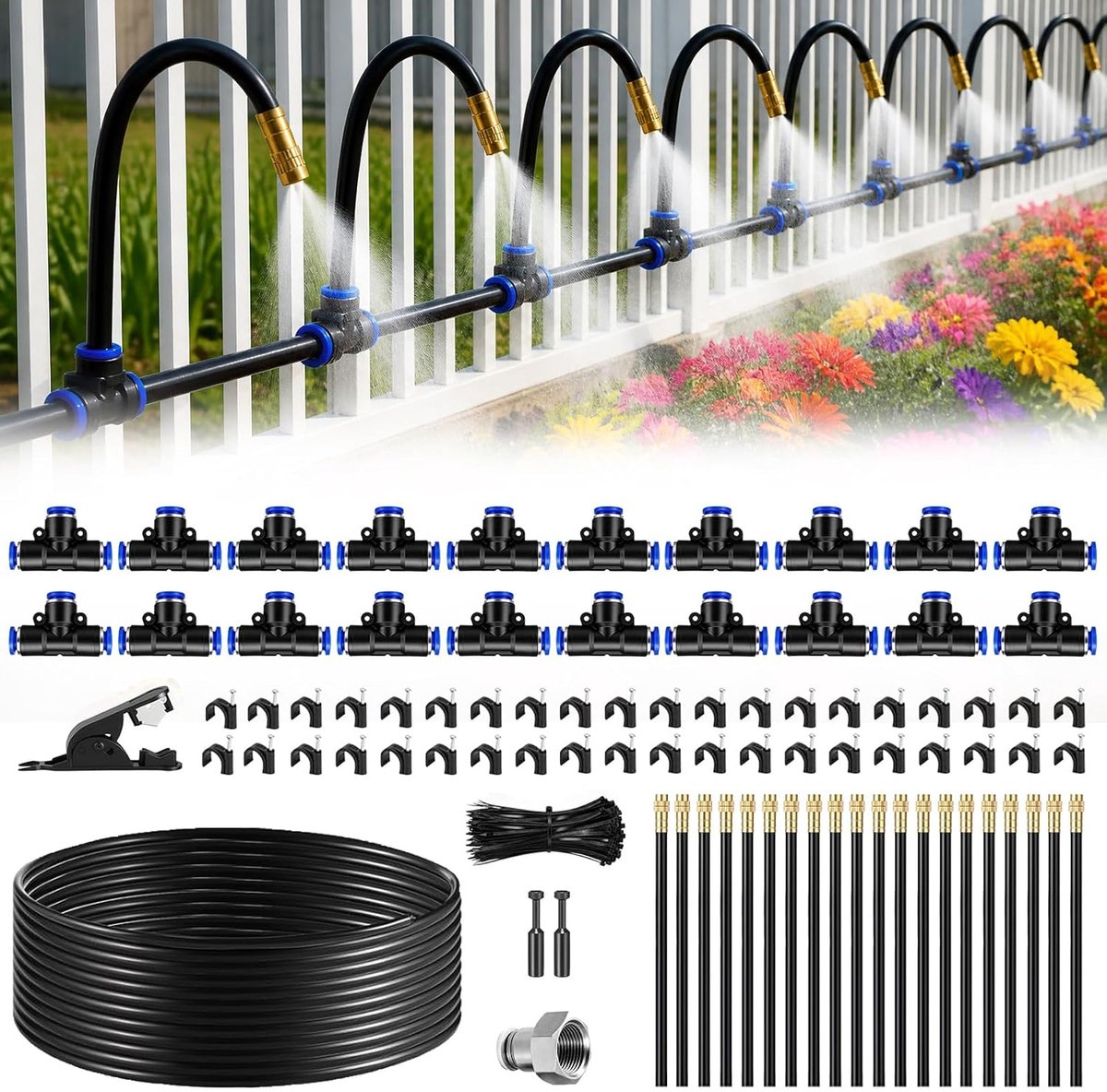 360° automatisch irrigatiesysteem voor de tuin, nevelbewateringsset met verstelbaar mondstuk voor broeikas, verhoogd bed, terras, balkonpotplanten (20 m)