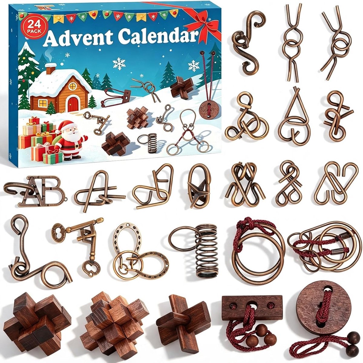2026, 24-dagen aftelkalender met metalen ringen en houten IQ-puzzels, lastige kerstdenkspellen voor kinderen, jongeren en volwassenen