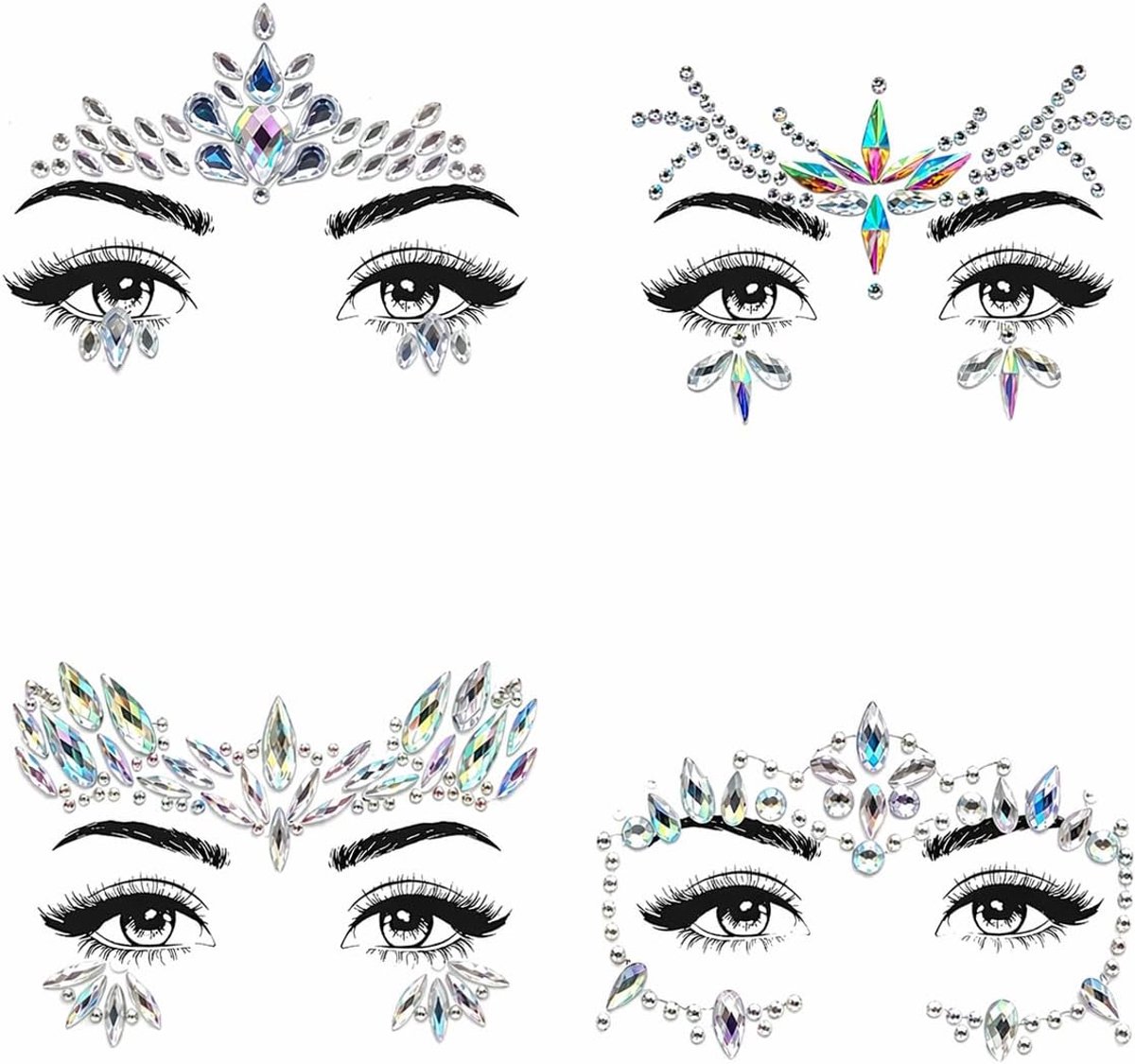 4 Stuks Glitter Strass Gezicht Stickers, Zelfklevende Gezicht Decoratie met Glitter, Tijdelijke Tattoos voor Festival, Carnaval, Feest, Rave en Make-up Accessoires