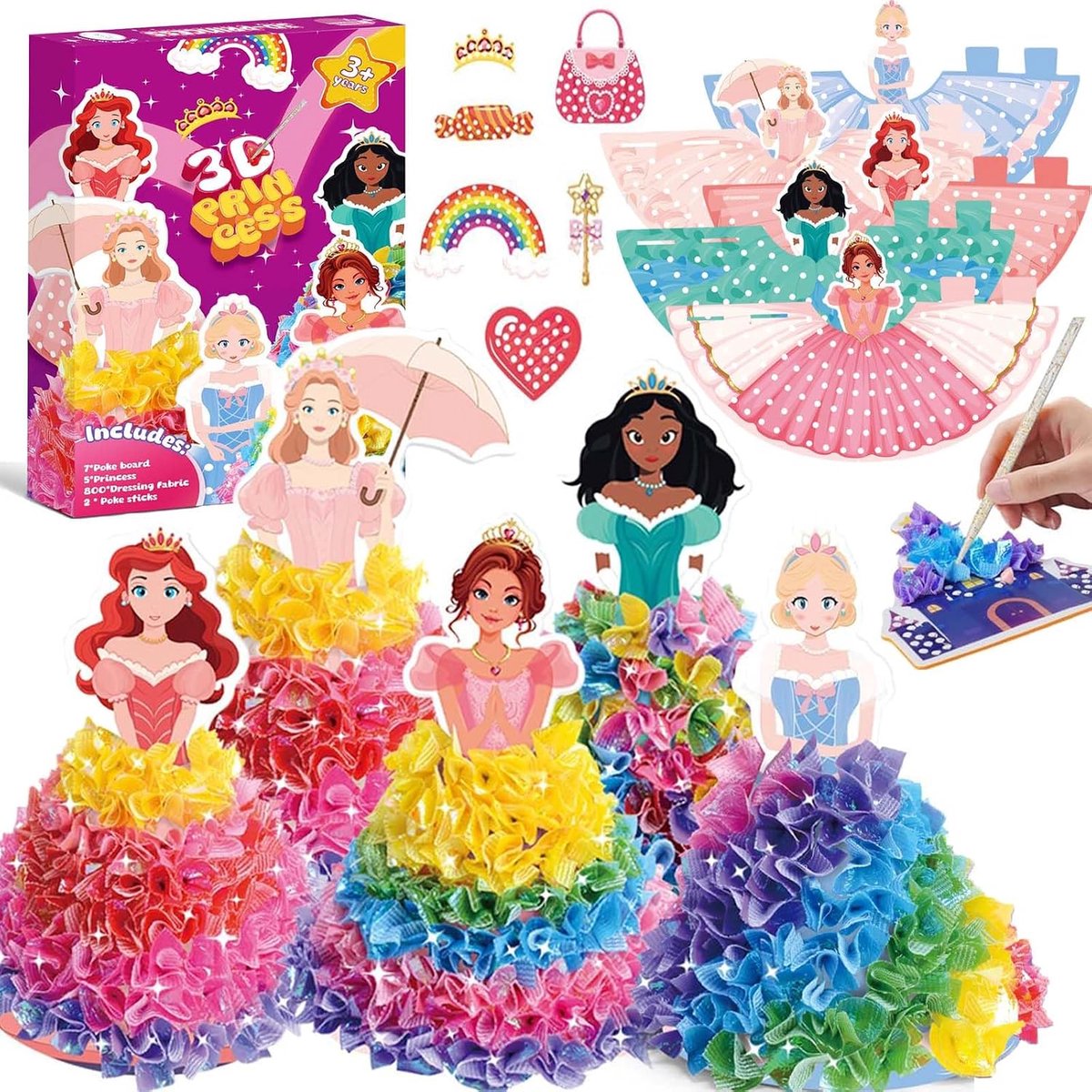 Poke Art Knutselset voor meisjes, 4, 5, 6, 7, 8, 9 jaar, 3D-set om zelf te maken met 5 prinsessen, knutselset, kunst, creatief, educatief spel, verjaardag, cadeau voor meisjes van 3-12 jaar