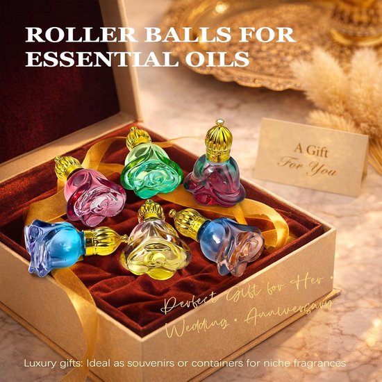 6 Stuks 8ml Roll-On Flessen van Gekleurd Degradé Glas in Roosvorm, Etherische Olie Roller Vintage Goud met Glazen Rollerbal, Leeg, Hervulbaar voor Parfum, Aromatherapie, Massage — afbeelding 3