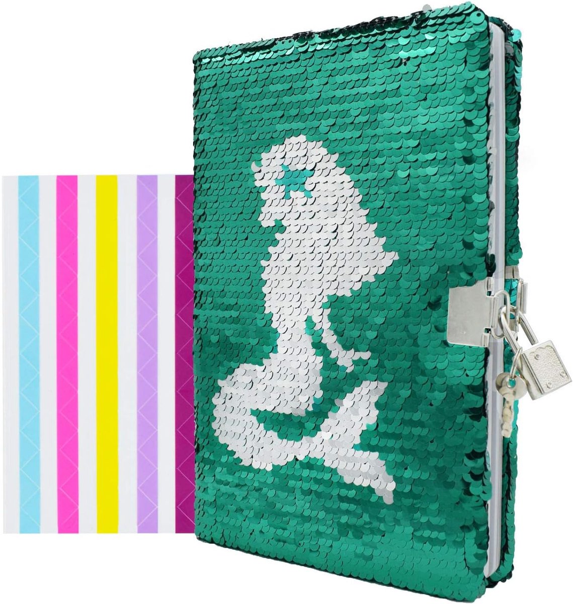 Pailletten Notebook Dagboek met Lock en Sleutel Gevoerd Travel Journal w/Foto Hoek voor Kid Girls, Maat A5 (215 x140mm), 156 Pagina's, Regenboog naar Zilver (Meermin)