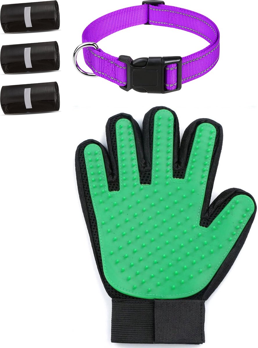 Professor Q Wandelset Hond - Halsband Paars S 30-40 cm - 45 Poepzakjes - Vachthandschoen Groen