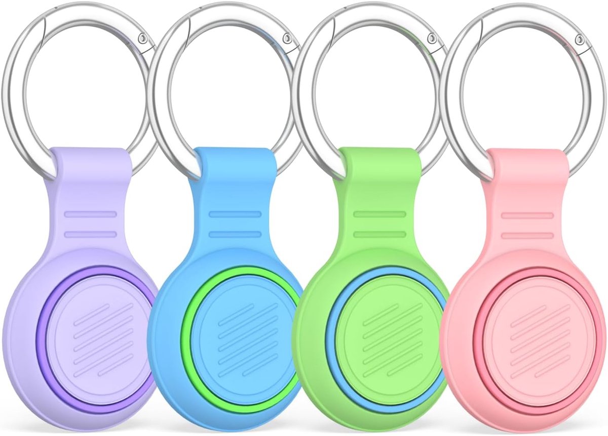 compatibel met Apple AiTag 1e en 2e generatie, set van 4 siliconen hoes met 4 hoezen en 4 ronde sluitingen, stoot- en krasbestendige bescherming rondom (roze + paars + lichtgroen +