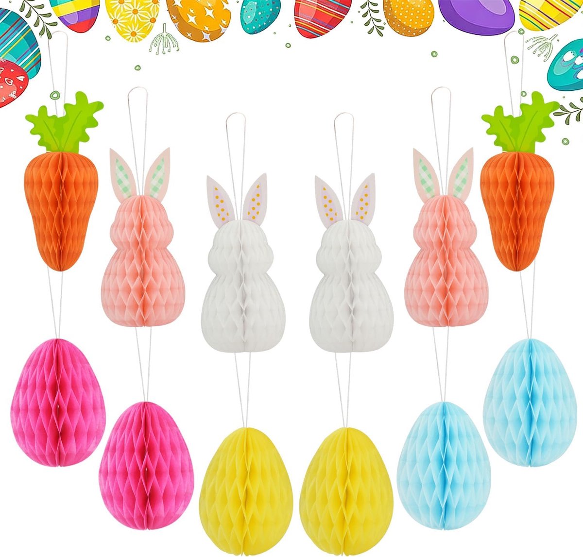 Paasdecoratie om op te hangen, 12 stuks honingraatfiguren om op te hangen van papier, herbruikbaar, paasdecoratie voor binnen en buiten, lentedecoratie