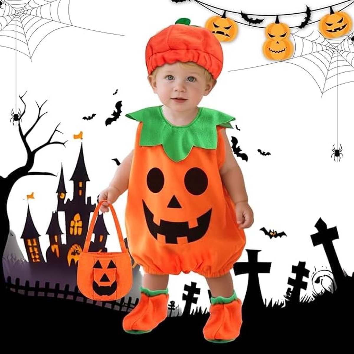 Pompoenkostuum voor kinderen, Halloween pompoenkostuum, 90/100/110 cm, Halloween-kostuum pompoen kinderen, met pompoen snoepzak voor Halloween, carnaval, cosplay, 3-7 jaar