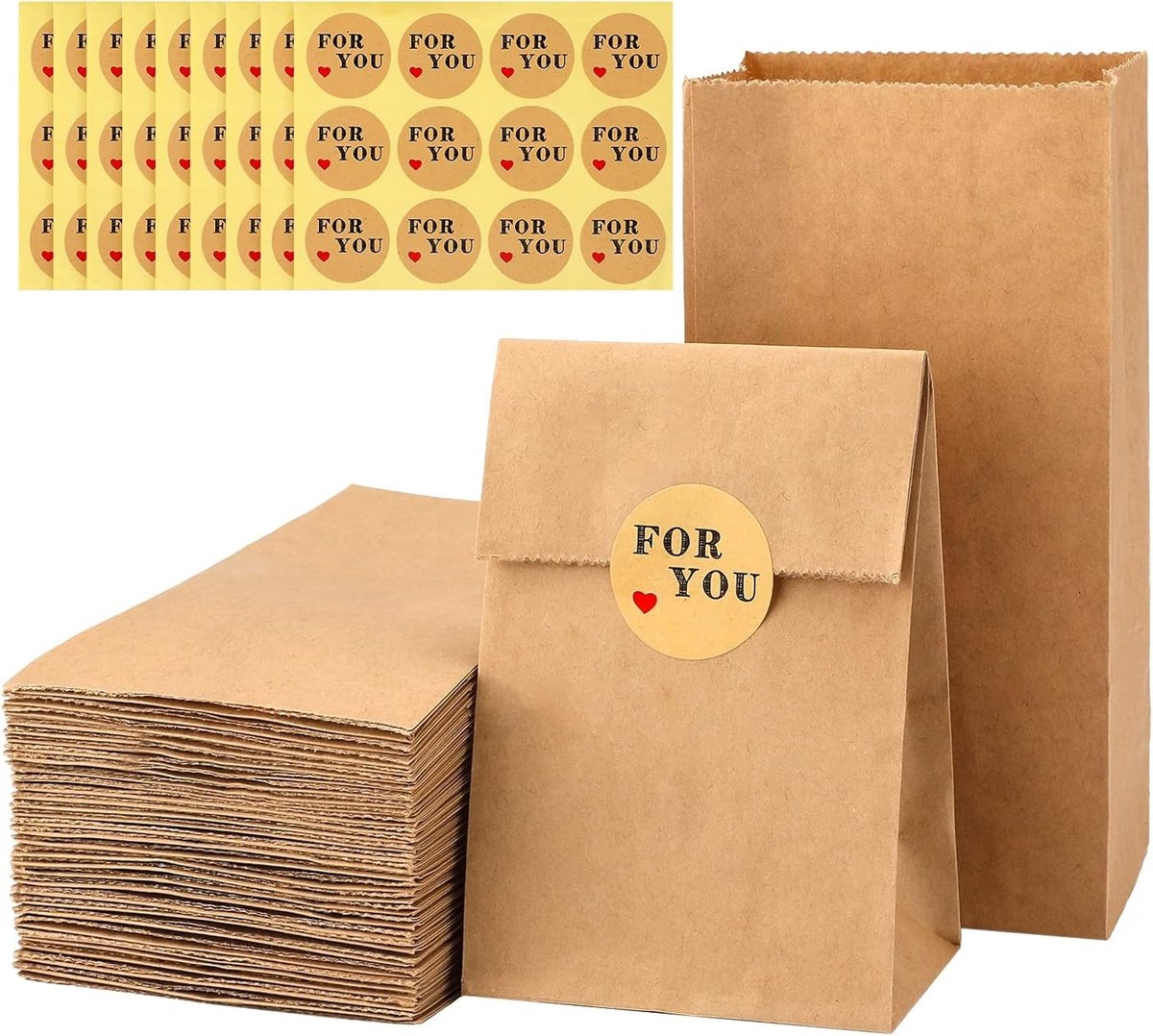 Kraft Papieren Cadeautassen, 100 Stuks, 9 x 6 x 18 cm, Ideaal voor Geschenken en Adventskalenders, Inclusief Stickers