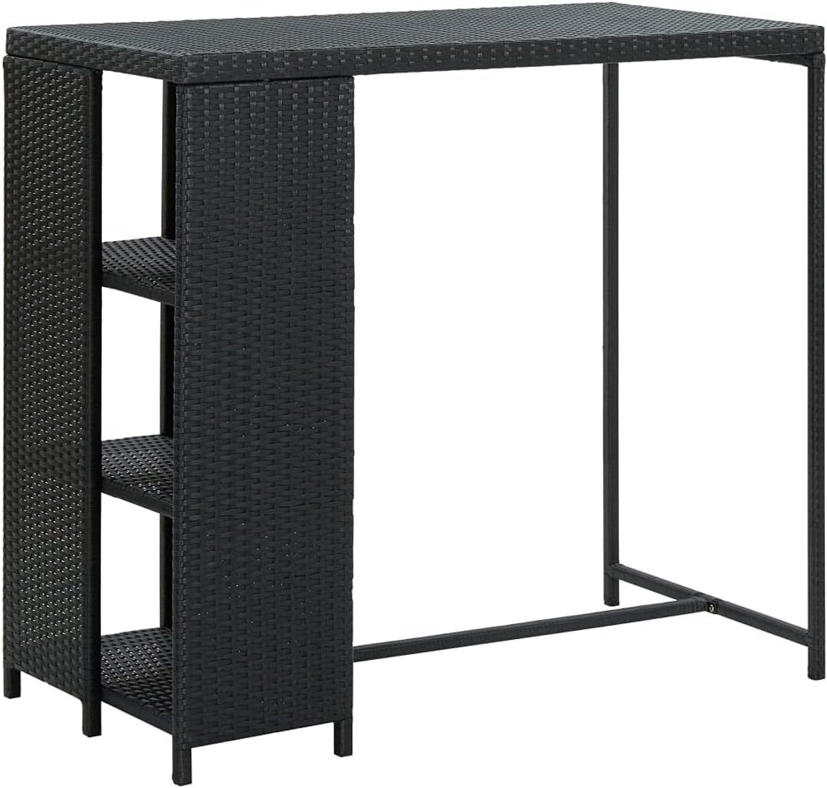 Bartafel met plank, zwart, 120 x 60 x 110 cm, polyrotan, opbergrek, bistrotafel, PE-rotan, stalen frame, opbergruimte, eettafel, lichte constructie, tuin, bar, restaurant