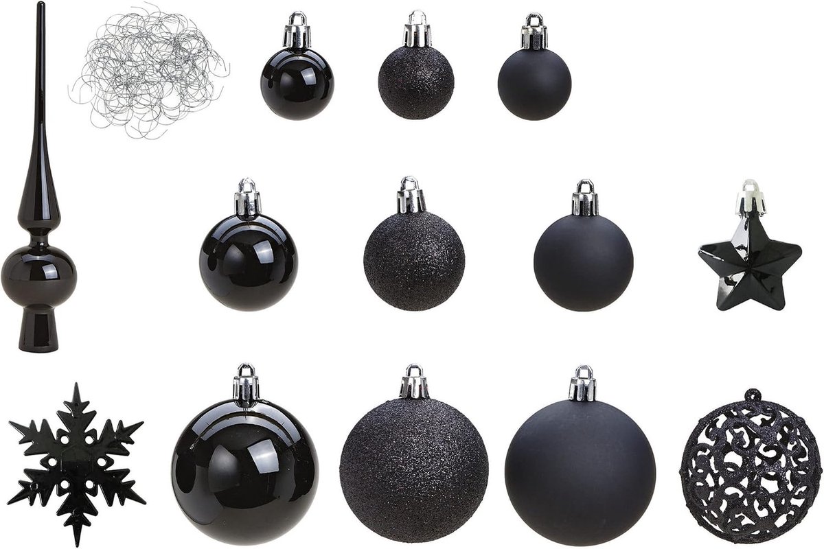 Kerstballen/kerstornamenten en piek zwart - Kerstboomversiering/kerstversiering