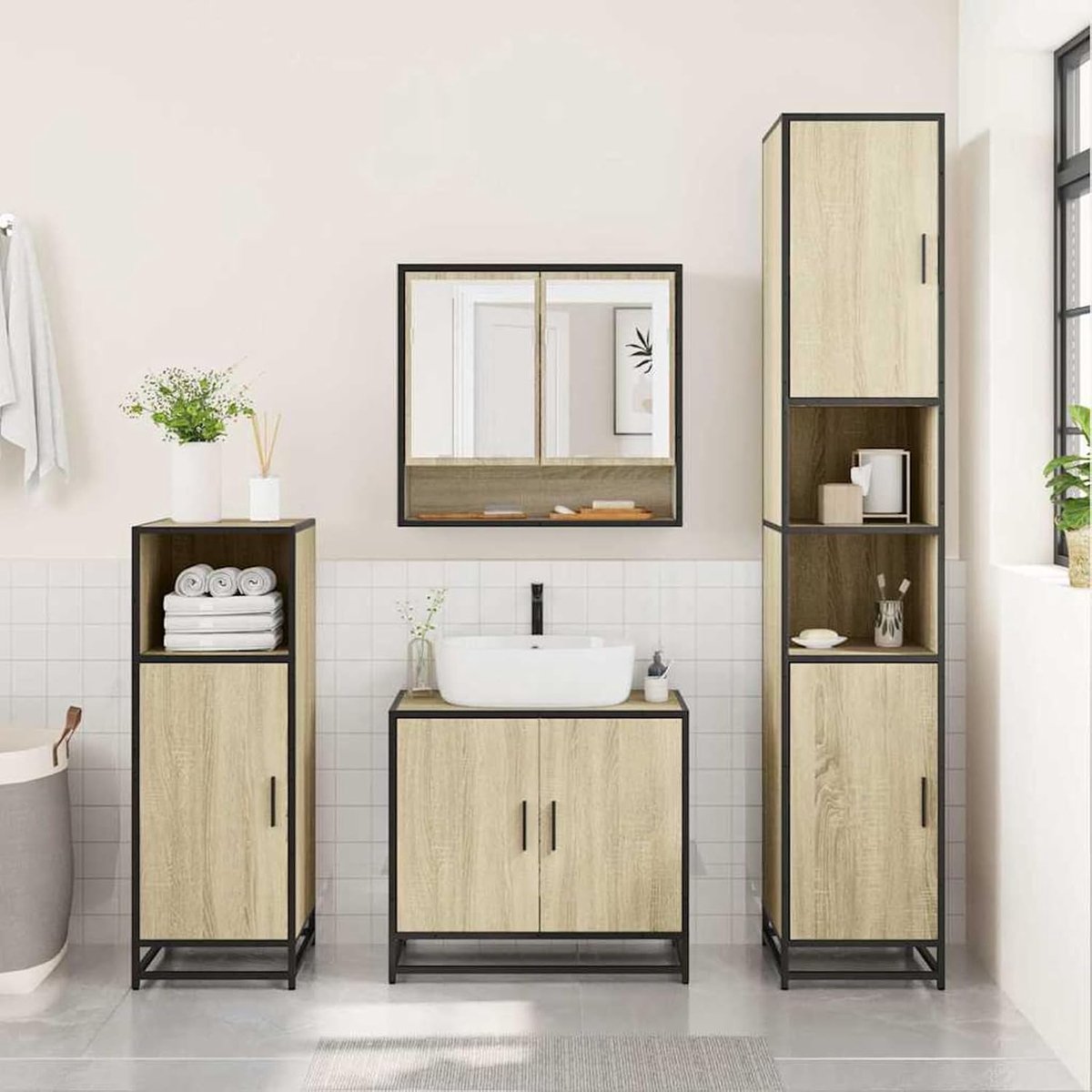 65 x 20 x 60 cm, houtmateriaal Sonoma-eiken met metalen frame, wandmontage, vochtbestendig, 60 kg draagkracht, helder spiegeloppervlak, ideaal voor kleine badkamers