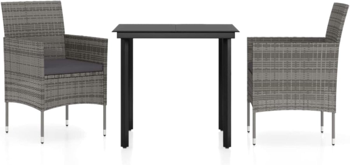 3-delige tuinmeubelset voor 2 personen, zitgroep, eettafel met glazen tafelblad en 2 stoelen met hoge rugleuning met zitkussen, rotan zitgroep, tuinmeubelset, grijs en zwart