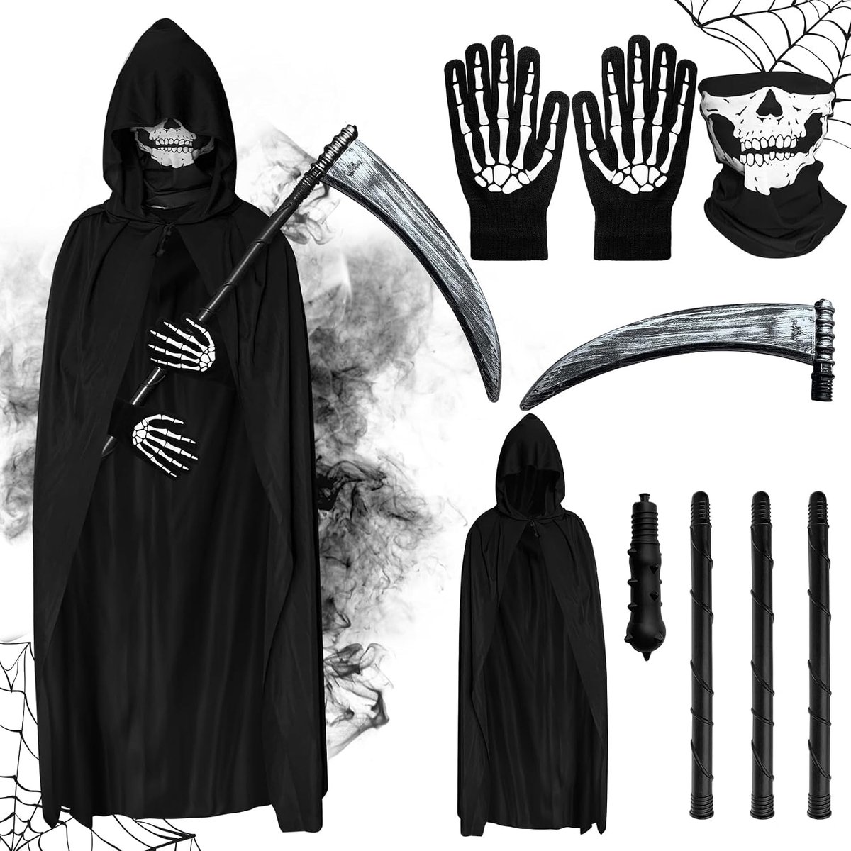 Hein Kostuum Kinderen Volwassenen, Jongens Heren Halloween Kostuum Zwarte Mantel Met Capuchon Zeekind Skelet Masker Handschoenen, Enge Fancy Dress Cosplay Kostuum voor Halloween Party
