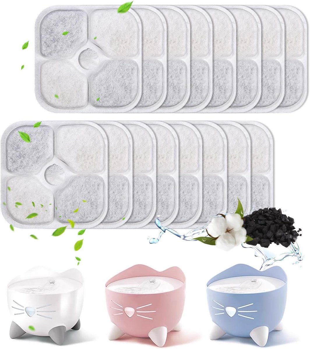 Kattenfonteinfilter, 16 stuks vervangingsfilters voor 2,5 l fontein, met kool- en schuimfilter, compatibel met huisdierfontein