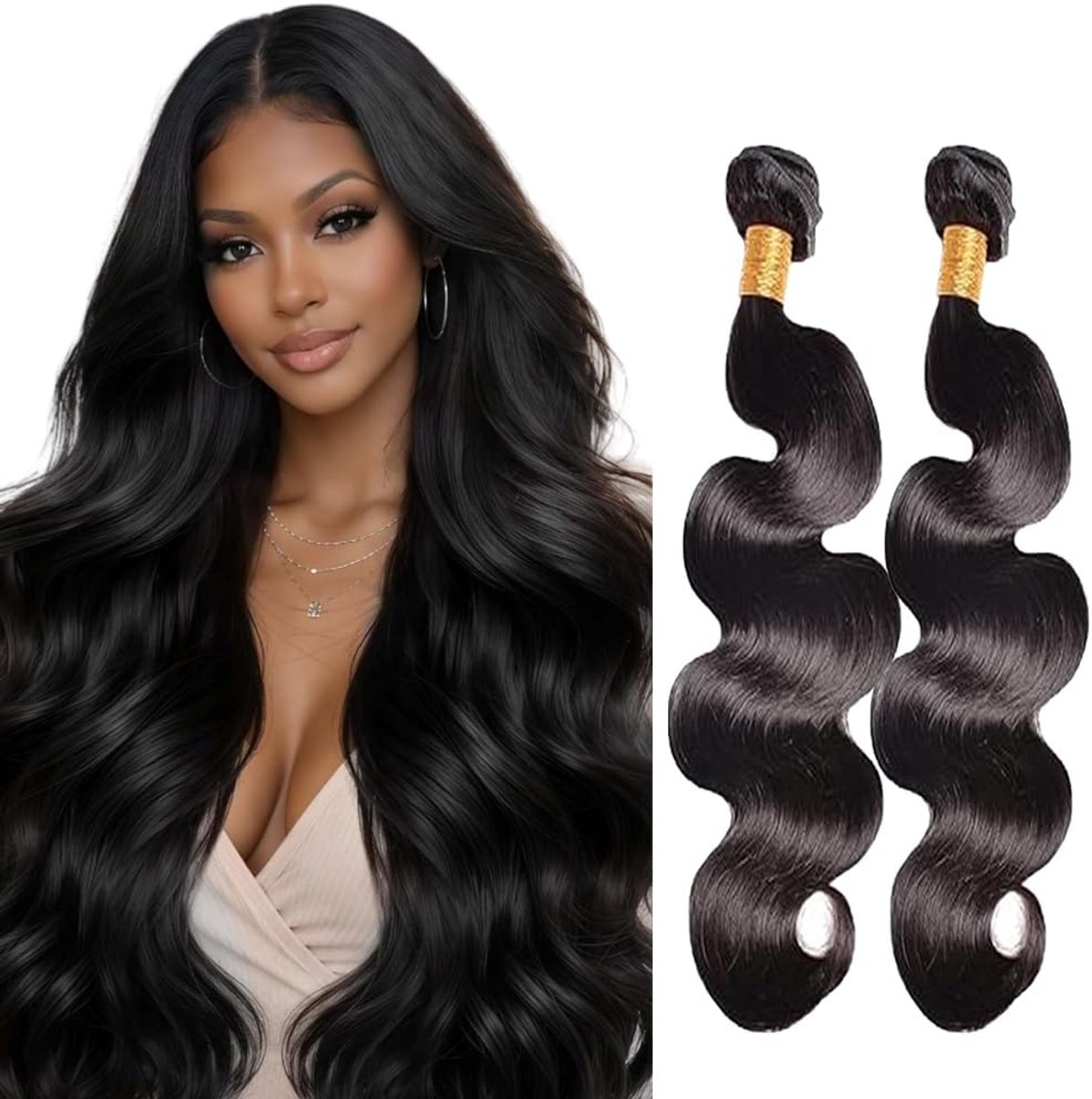 Wave Human Hair Bundles Sew in Hair Natural Black Real Hair Extensions 2 Bundles Unprocessed Human Hair Minimal Smell Low Shedding for Women 32 32 Inch