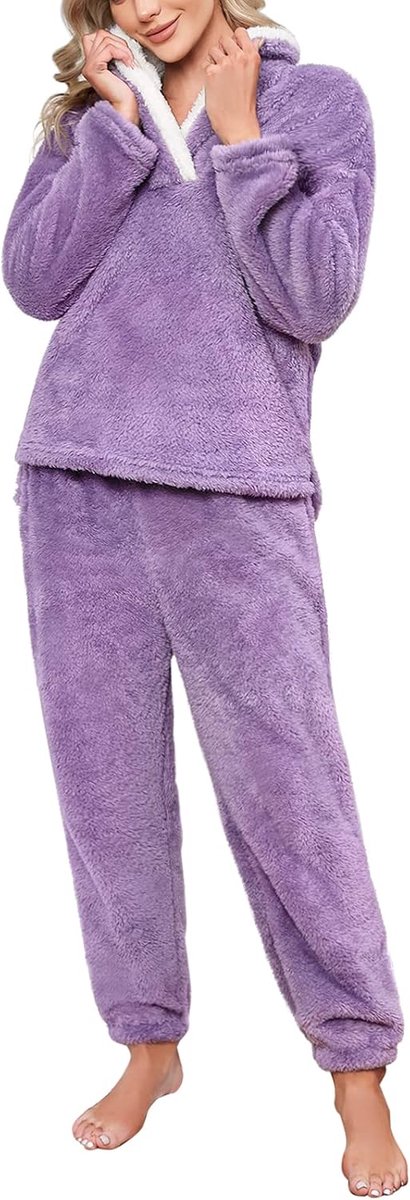 Pyjama voor dames, winter, fleece, pyjamaset, fleece, warm en zacht, lange mouwen, revers, pyjama