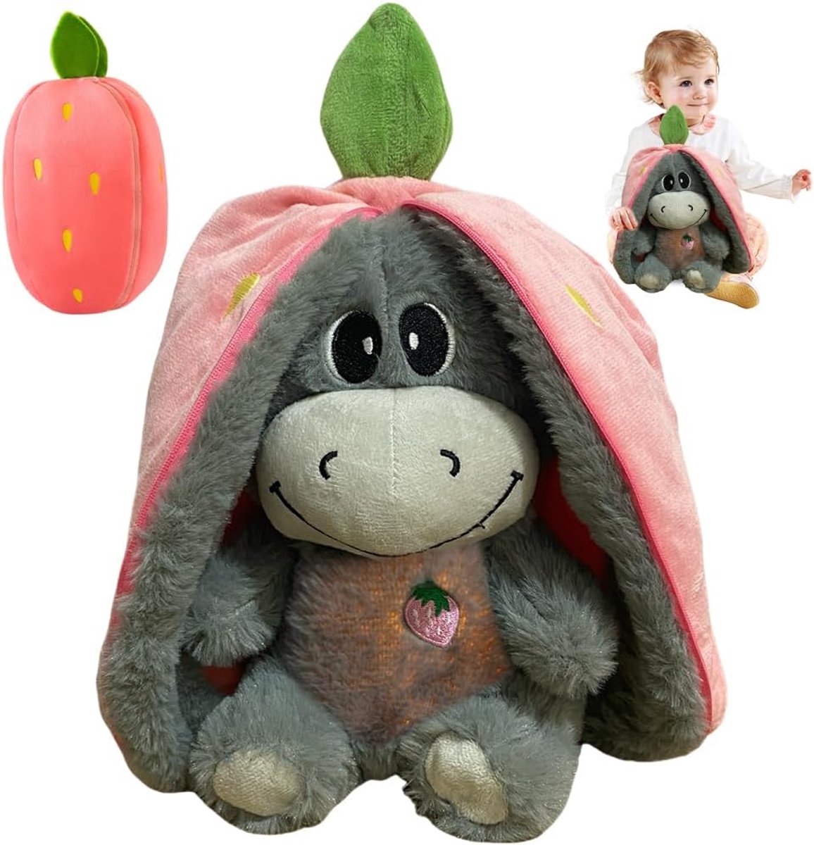 Knuffeldier, ezel, 32 cm, hartslag, pluche ezel met ademhaling, muziek en verlichting, zachte aardbei, avocado, pluche pop, knuffeldier, ademende ezel om angst te verlichten, roze