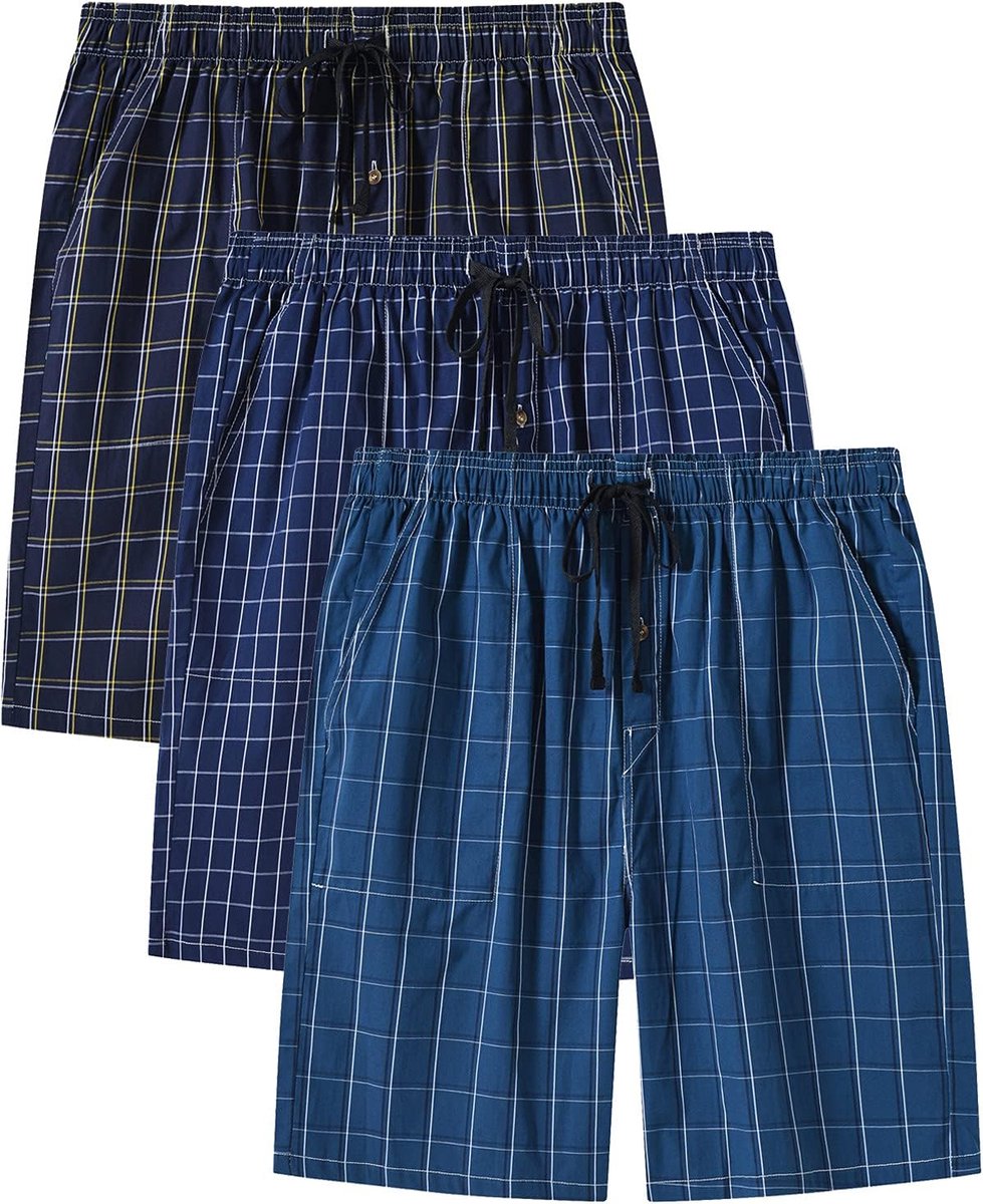 pyjamabroek voor heren, katoen, geruit, korte zomernachtkleding, slaapshorts met zakken