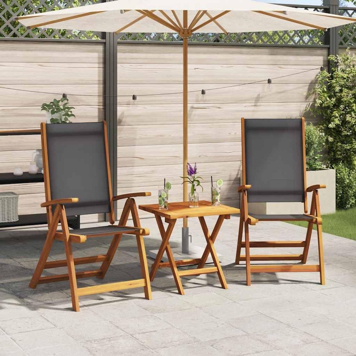 Tuinstoelen 2 stuks van acaciahout met 5 standen verstelbare rugleuning bekleed met textilene-stof, belastbaar tot 110 kg per zitting