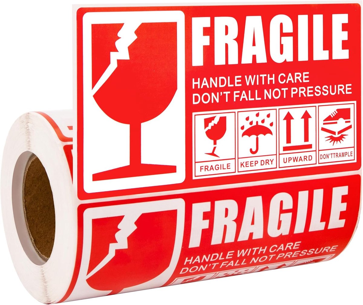 Stickers, 300 stuks FRAGILE, 70 x 130 mm, fragiele stickers, wit-rood, voorzichtig, glas, zelfklevend etiket, waarschuwing "Handle with Care - Fragile, zelfklevende papieren verzendlabels