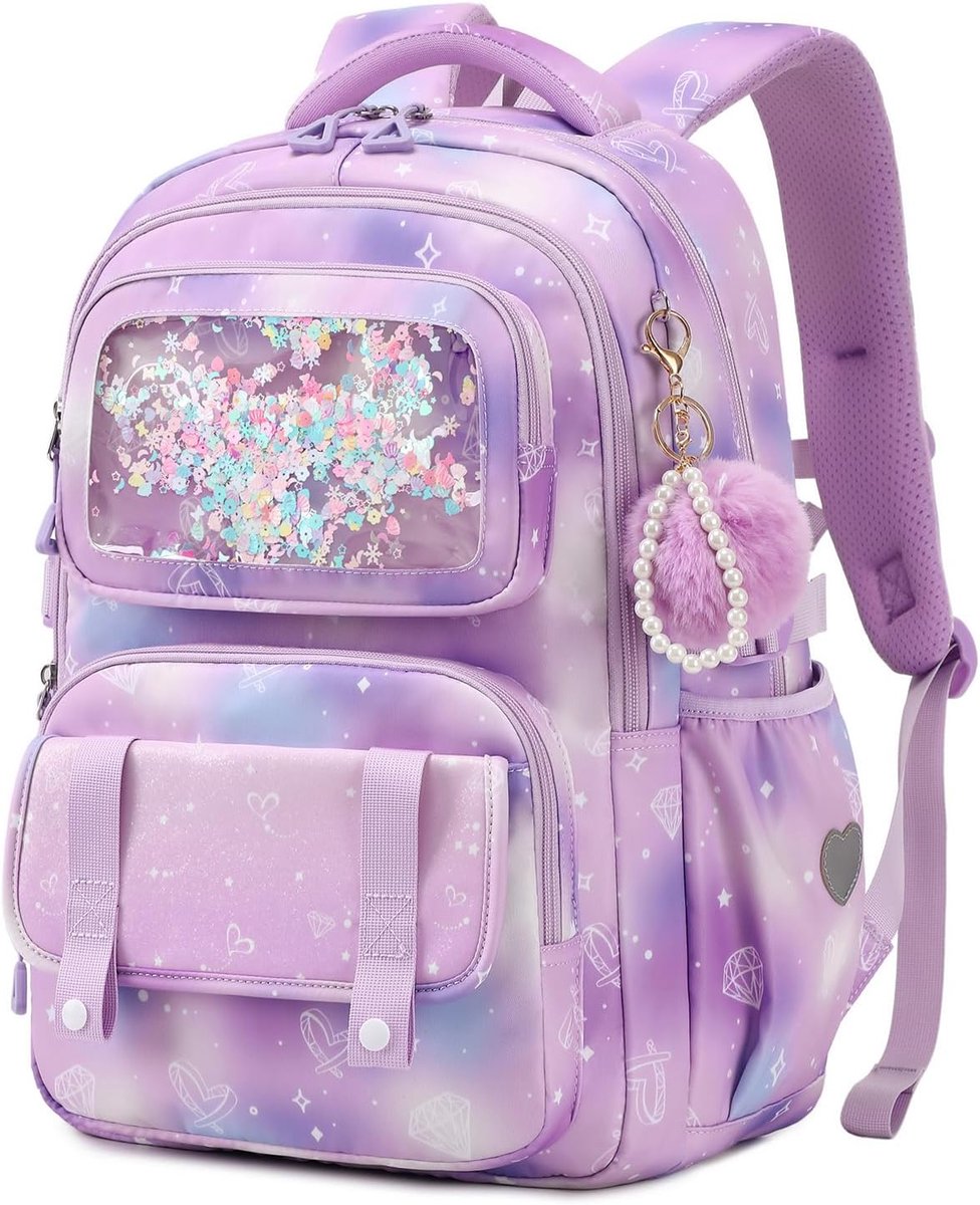 Schooltas voor meisjes met pailletten, ergonomische rugzak, waterdicht, grote capaciteit, kleurverloop, voor CP CE1 CM1 CM2, school en reizen, Paars, Moyen, Minimalistisch