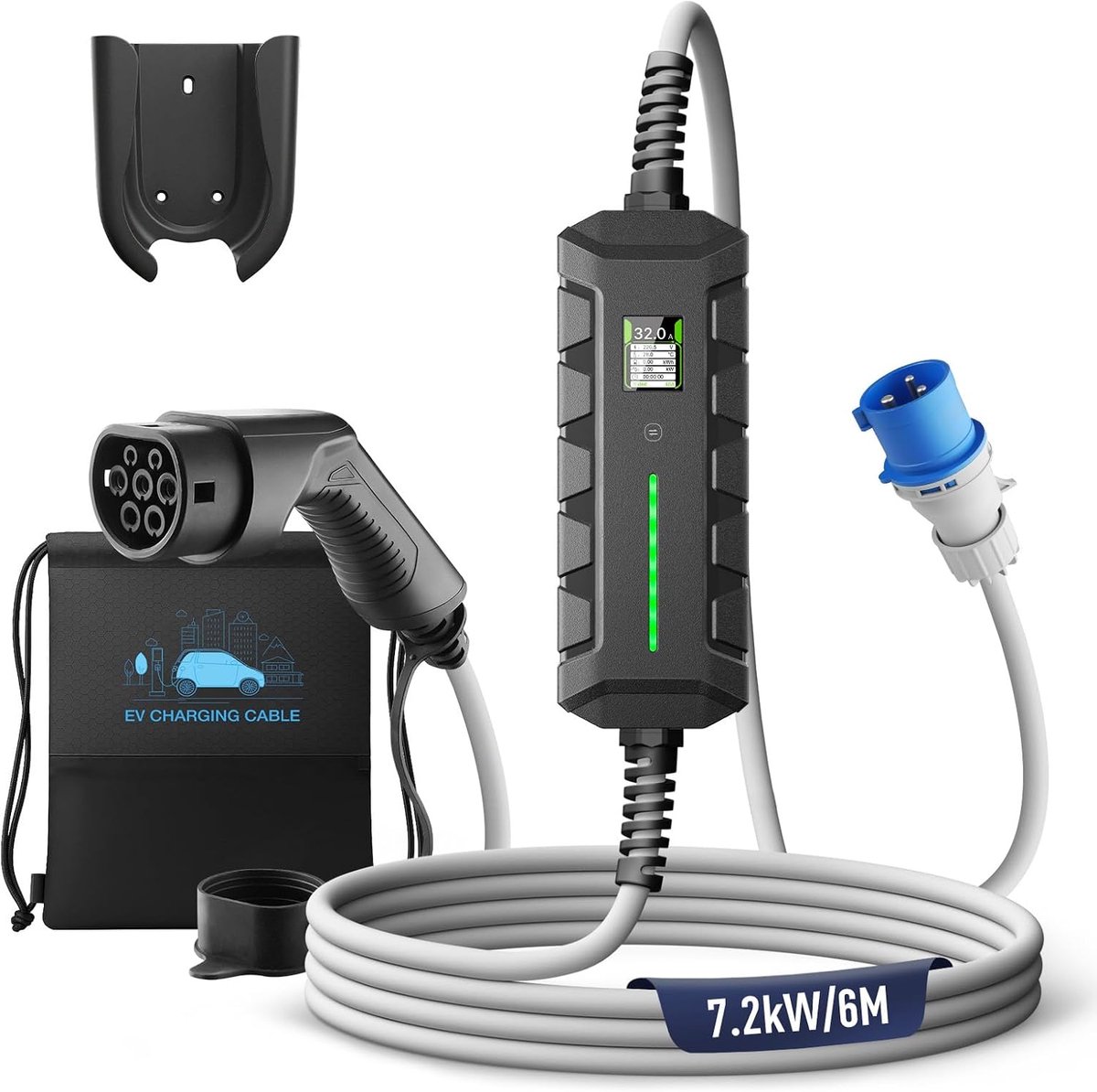 1-fase EV-oplader type 2 mobiele Wallbox 7,4 kW met CEE-stekker, eenfasig [16A | 24A | 32A] EV-oplader met 6 m oplaadkabel, IP66 waterdicht mobiel laadstation voor EV PHEV draagbare tassen
