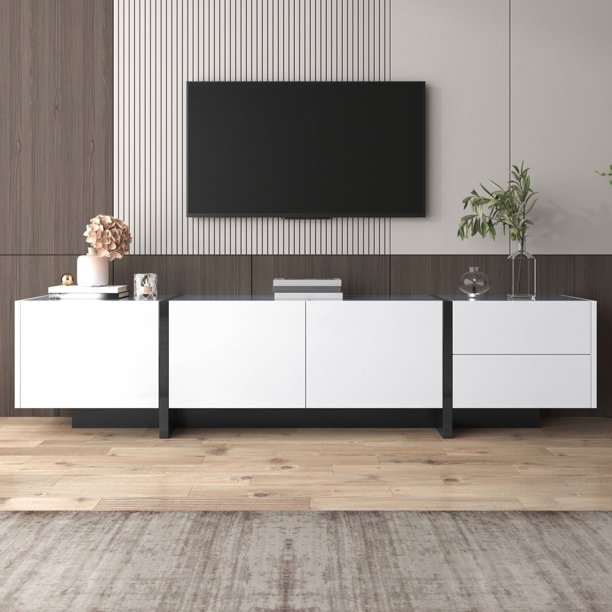 tv meubel - voor woonkamer - 190x35x45 cm - hoogglans wit en zwart - colorblock design met deuren en lades - deuren met interne legplanken