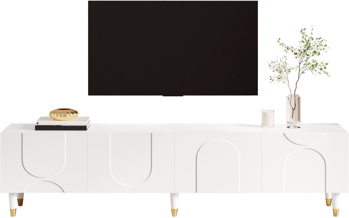 Zubaliya tv meubel Wit 180x40x50 cm - Uniek asymmetrisch boogreliëf - 4 deuren en meervoudige opbergruimte - Massief houten poten - Modern design