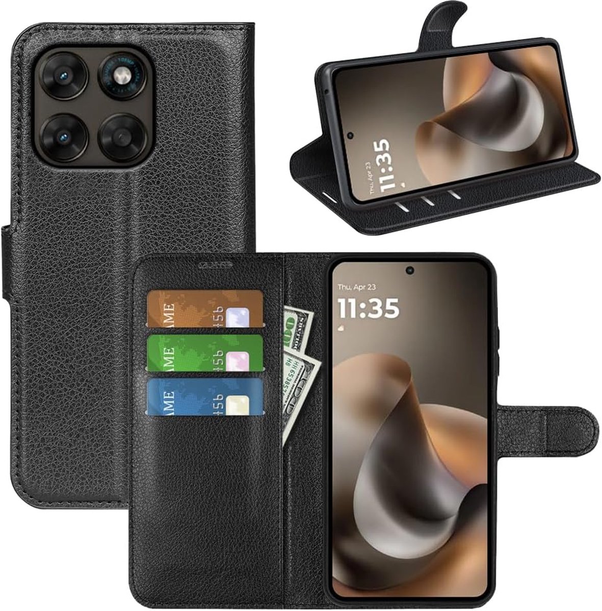 Hoes voor Motorola Moto G77 / G67, leren klaphoes, dunne flip case, hoes met standfunctie, kaartenvak en magnetische gesp, siliconen bumper, beschermhoes, zwart