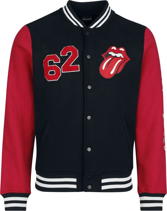 Donkerblauwe collegejas met rode mouwen. Op de borst het Rolling Stones logo en '62'. Met witte en rode strepen op de boorden.