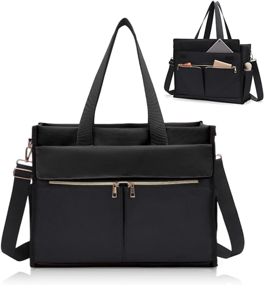 Lunchtas voor dames, 2-in-1 grote lunchtas, handtas, 15,6 inch laptoptas met lunchvak, aktetas, waterdicht, werktas voor dames, voor business, kantoor, school, zwart